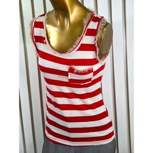 Robin K Vintage Red White Striped Tank Frayed Detail Front Pocket Women Sz Small